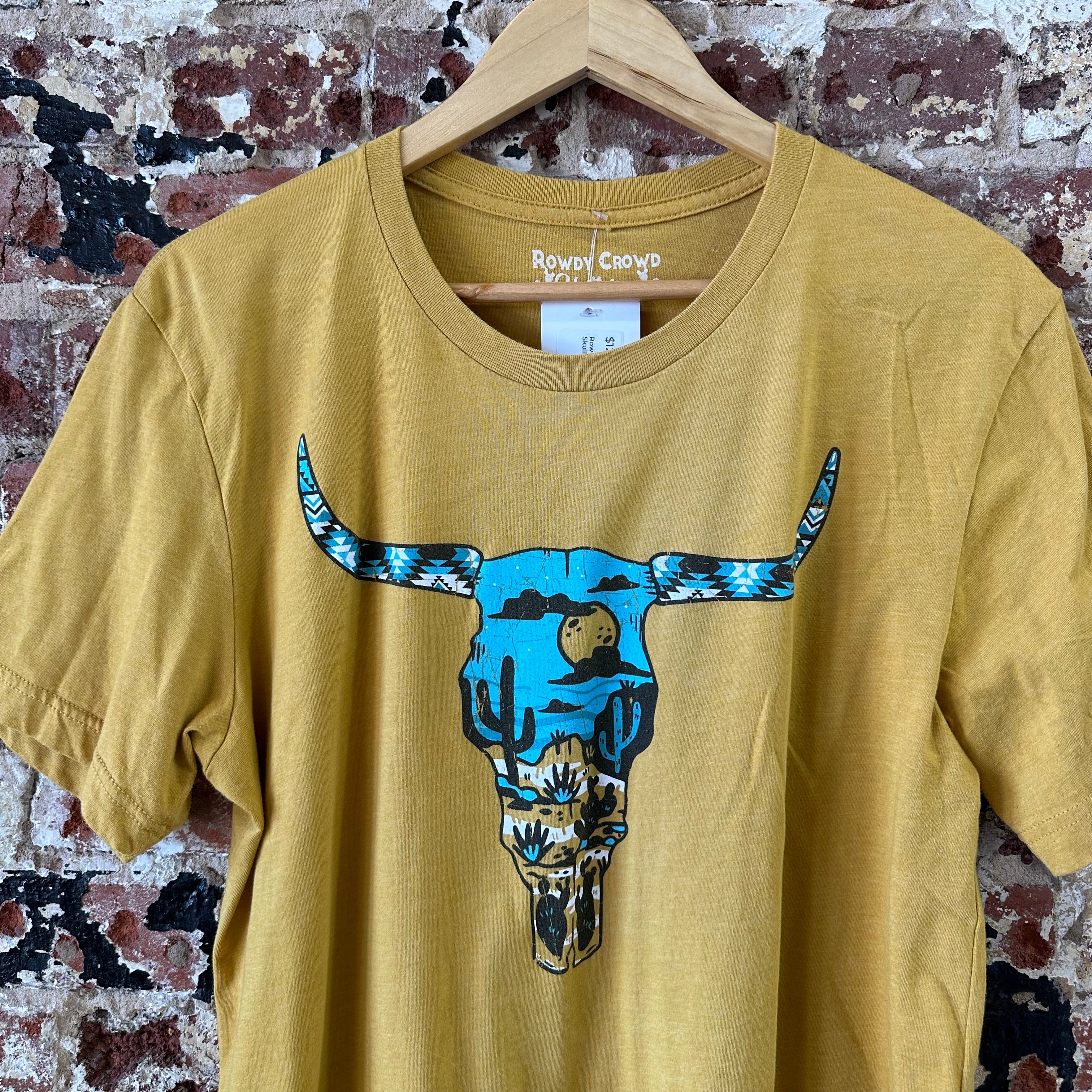 Rowdy Crowd Women's Large Short Sleeve Yellow T-Shirt Western Cow Skull