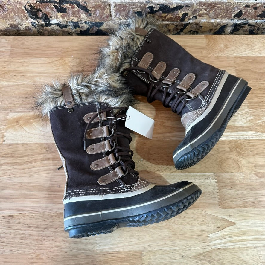 Sorel Joan Of Arctic Faux Fur Trimmed Leather Lace Up Boots Size 7 Brown