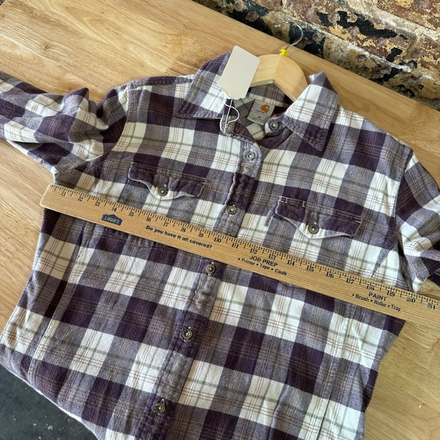 Carhartt Womens Medium Button Up Flannel Shirt Purple Plaid long sleeve