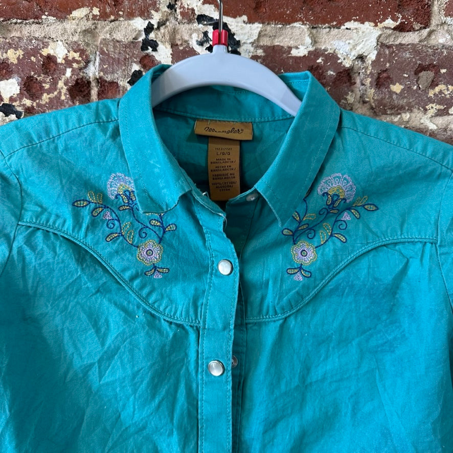 Wrangler Girls Shirt Size Large Western Pearl Snap Long Sleeve Teal