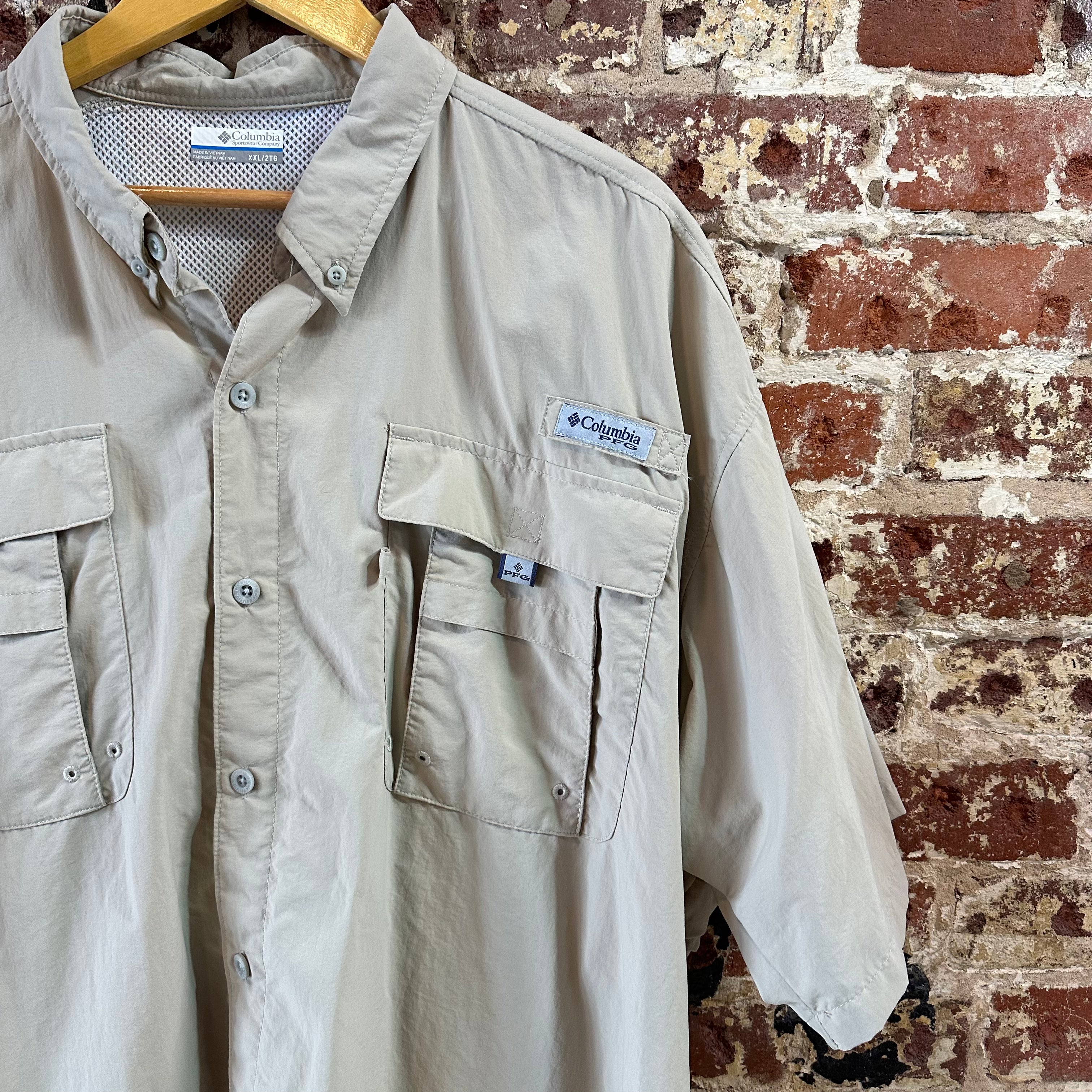 Columbia PFG Short Sleeve Outdoor Button Up Shirt Tan Mens 2XL Fishing