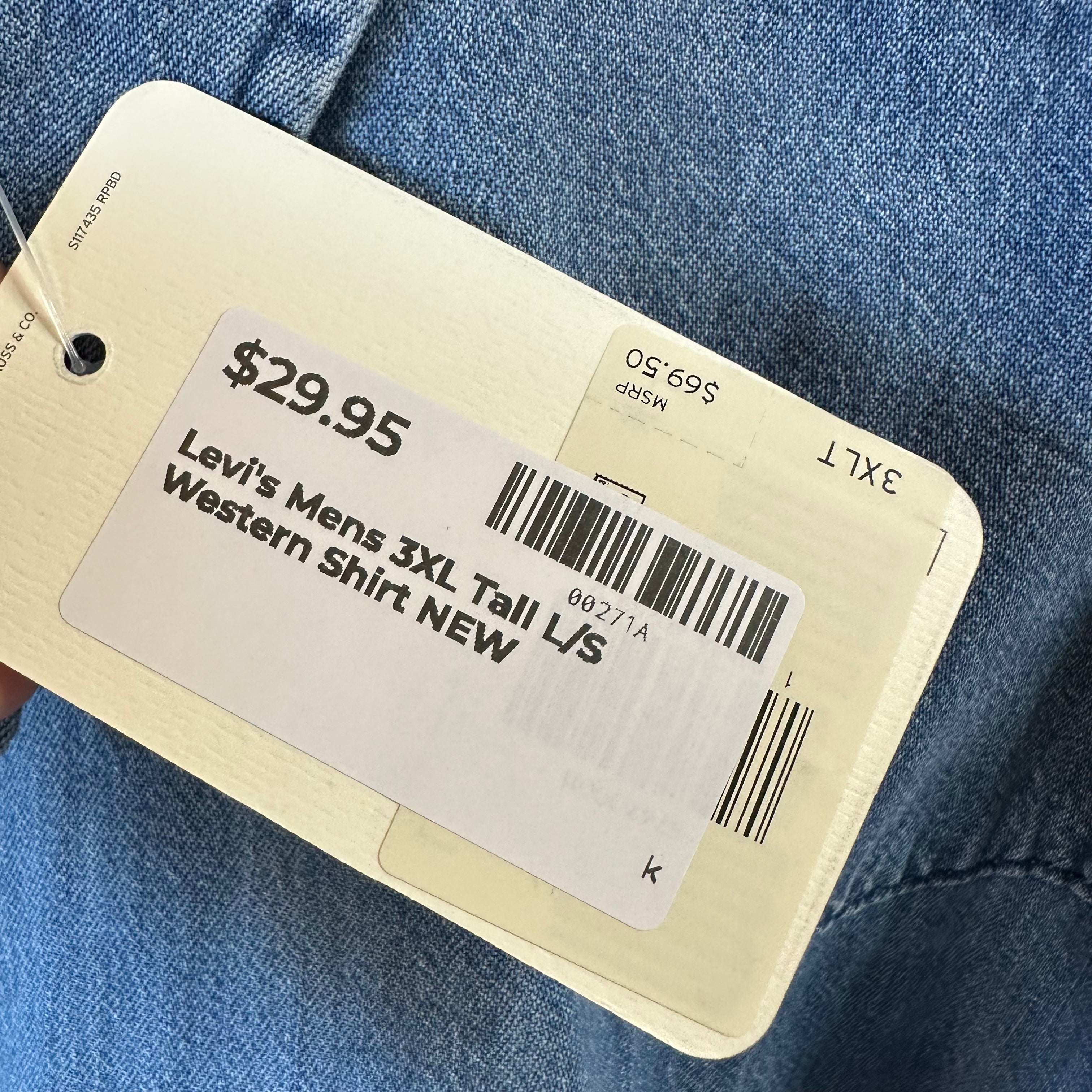 Levi's Mens 3XL Tall Pearl Snap Western Jean Shirt NEW
