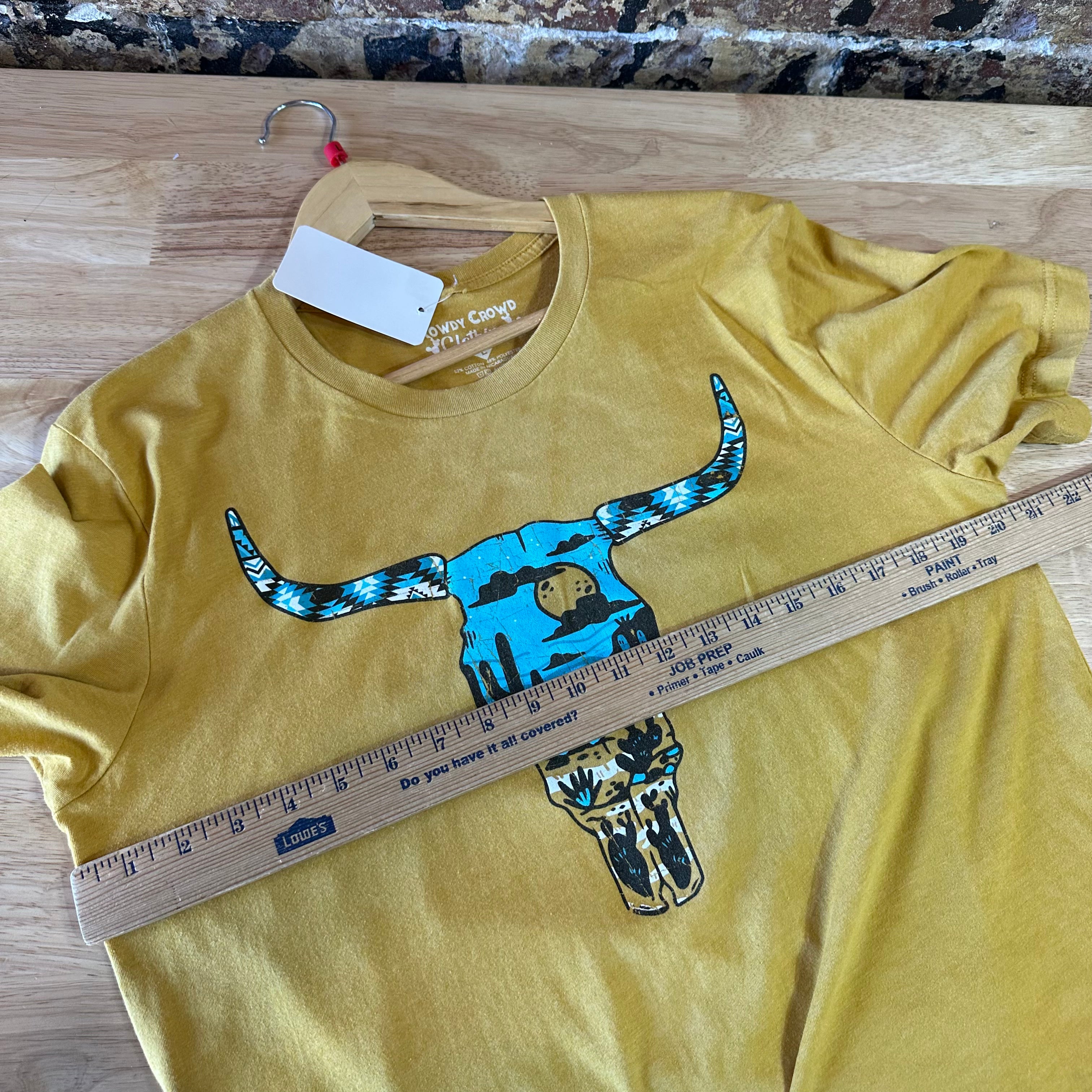 Rowdy Crowd Women's Large Short Sleeve Yellow T-Shirt Western Cow Skull
