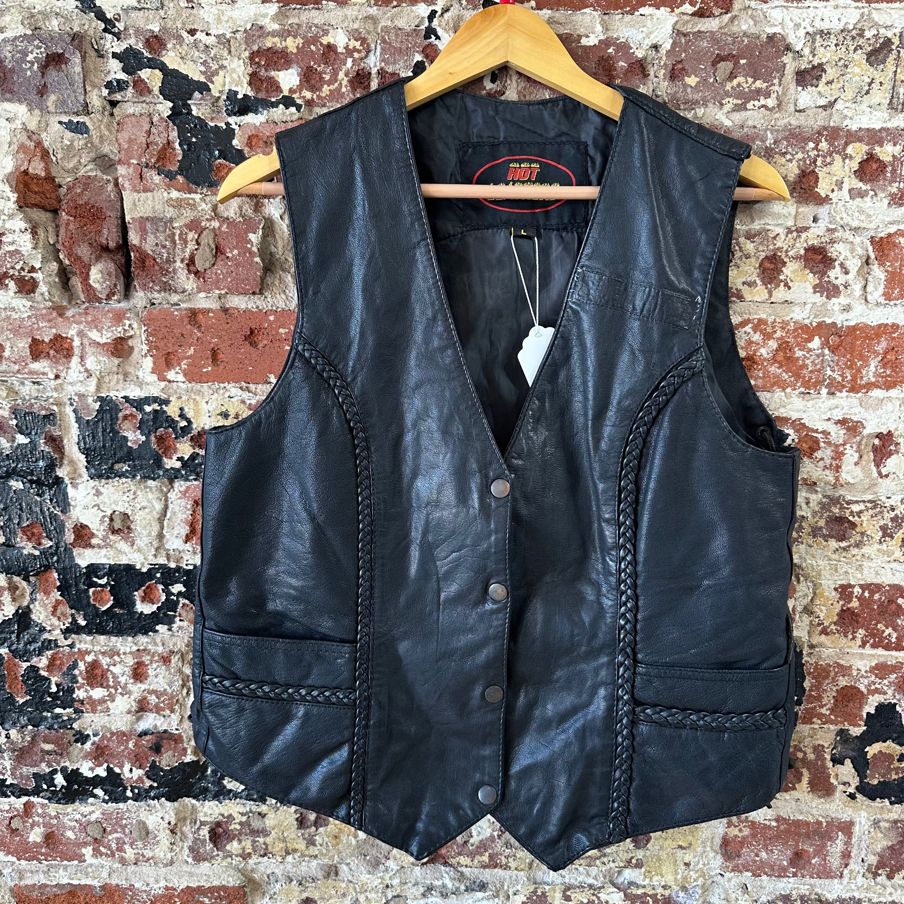 Vintage Hot Leathers Motorcycle Biker Vest Men’s L Black Moto 80s VTG Genuine