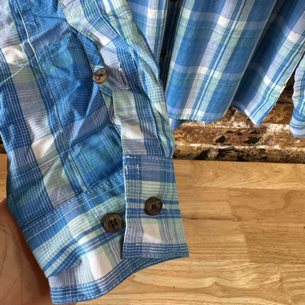 Magellan Womens XL Long Sleeve Button Shirt Blue Plaid Roll Tab Sleeves