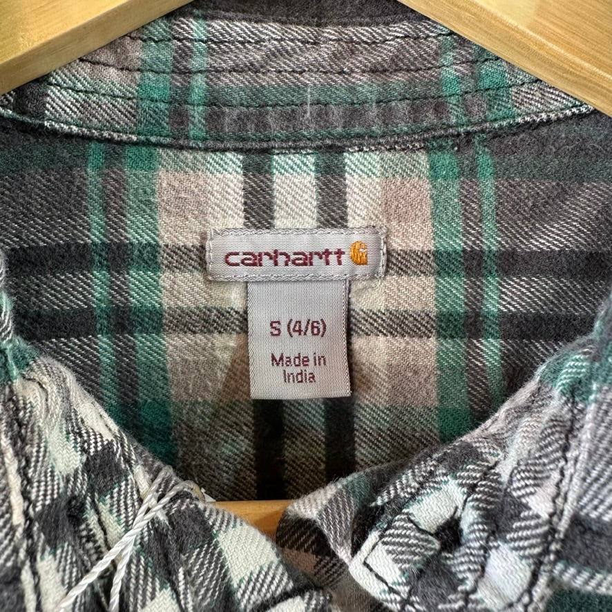 Carhartt Womens Small Button Up Flannel Shirt Gray Green Plaid long sleeve