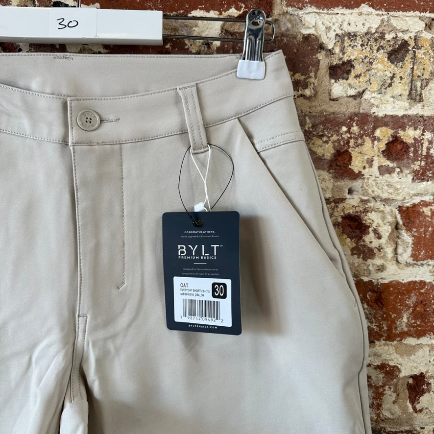 Mens BYLT Premium Basics Everyday Shorts 2.0 Size 30 Beige Stretch NEW