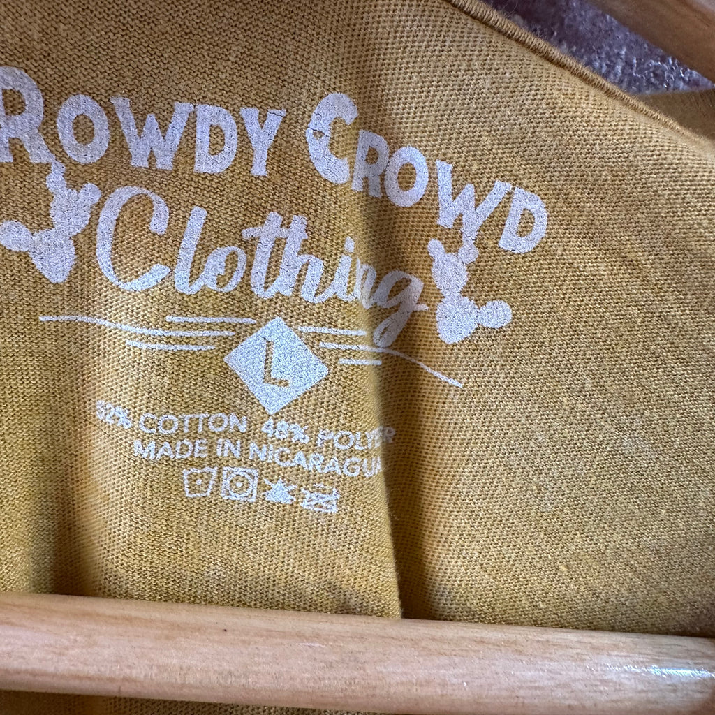Rowdy Crowd Women's Large Short Sleeve Yellow T-Shirt Western Cow Skull