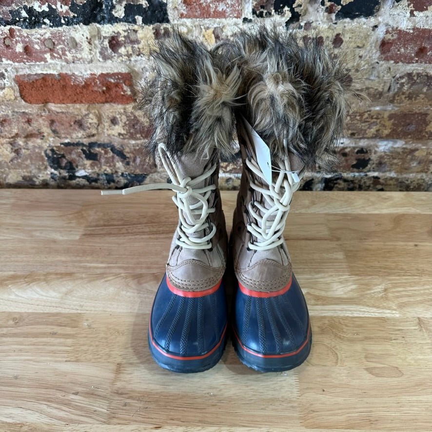 Sorel Joan Of Arctic Faux Fur Trimmed Leather Lace Up Boots Size 7 Tan Blue