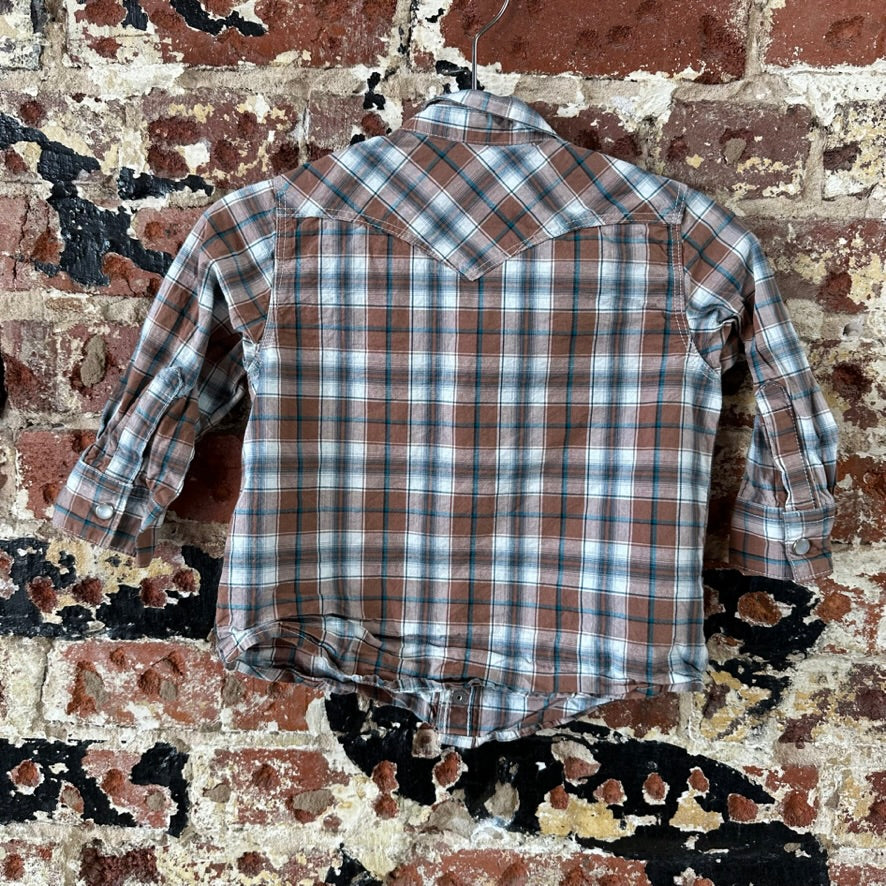 Wrangler Button Up Plaid Pearl Snap long Sleeve Shirt 24M western brown plaid
