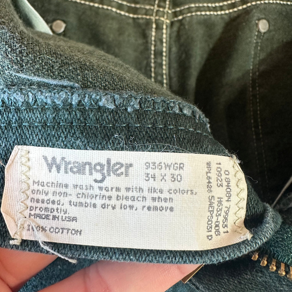 VTG Wrangler Mens Green Denim Pants Sz 34x30 Jeans Straight Leg Made in USA 936