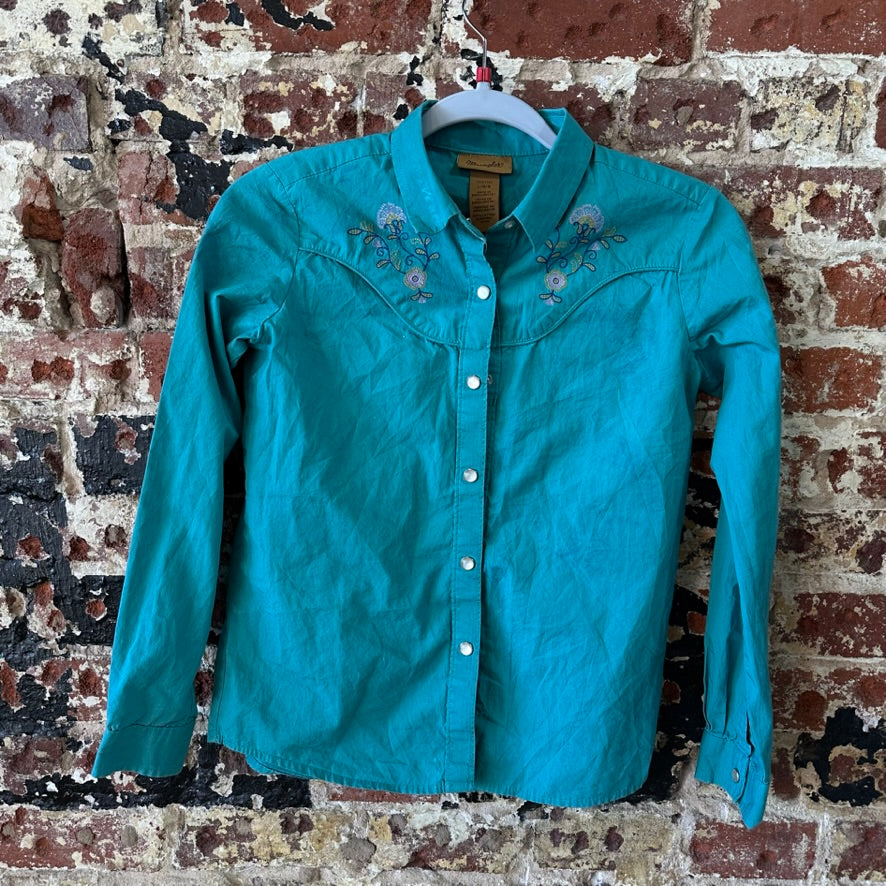Wrangler Girls Shirt Size Large Western Pearl Snap Long Sleeve Teal