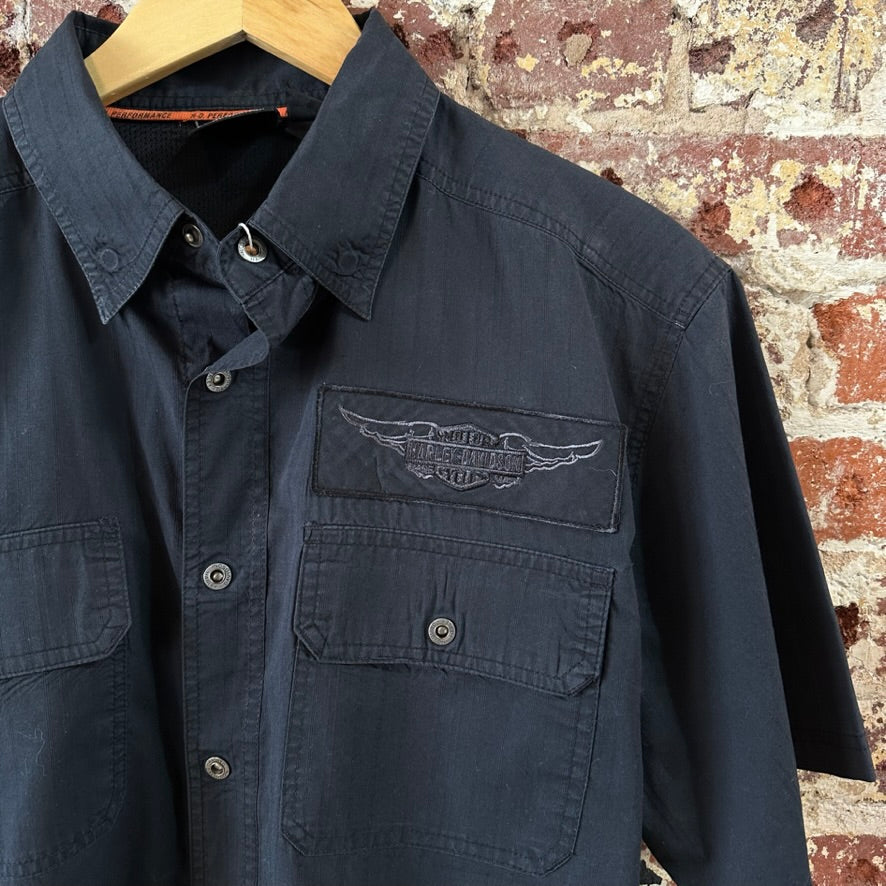 Harley Davidson Mens Embroidered Snap Button up Black Medium Shirt Skull Wings