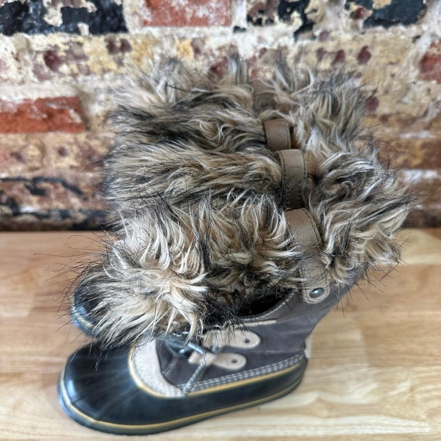 Sorel Joan Of Arctic Faux Fur Trimmed Leather Lace Up Boots Size 9 Gray
