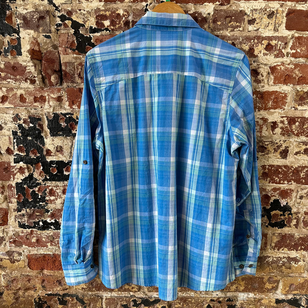 Magellan Womens XL Long Sleeve Button Shirt Blue Plaid Roll Tab Sleeves