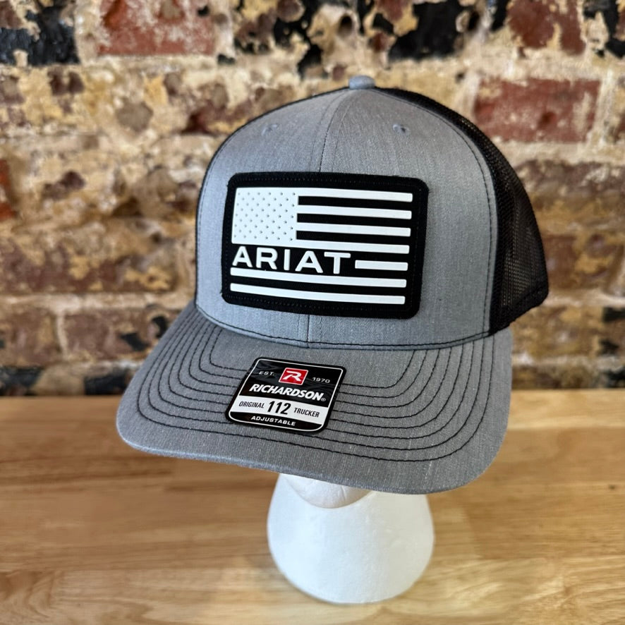 Ariat Mens Gray Black Flag Logo Patch Adjustable Snapback Cap Hat NEW