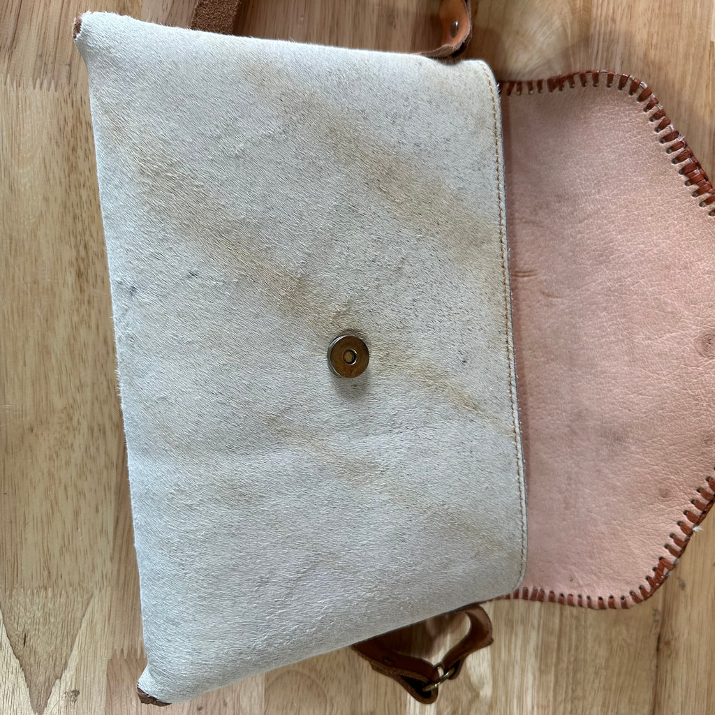 Vintage Western Cowhide Crossbody Bag Leather Handbag White 10"x8.5"