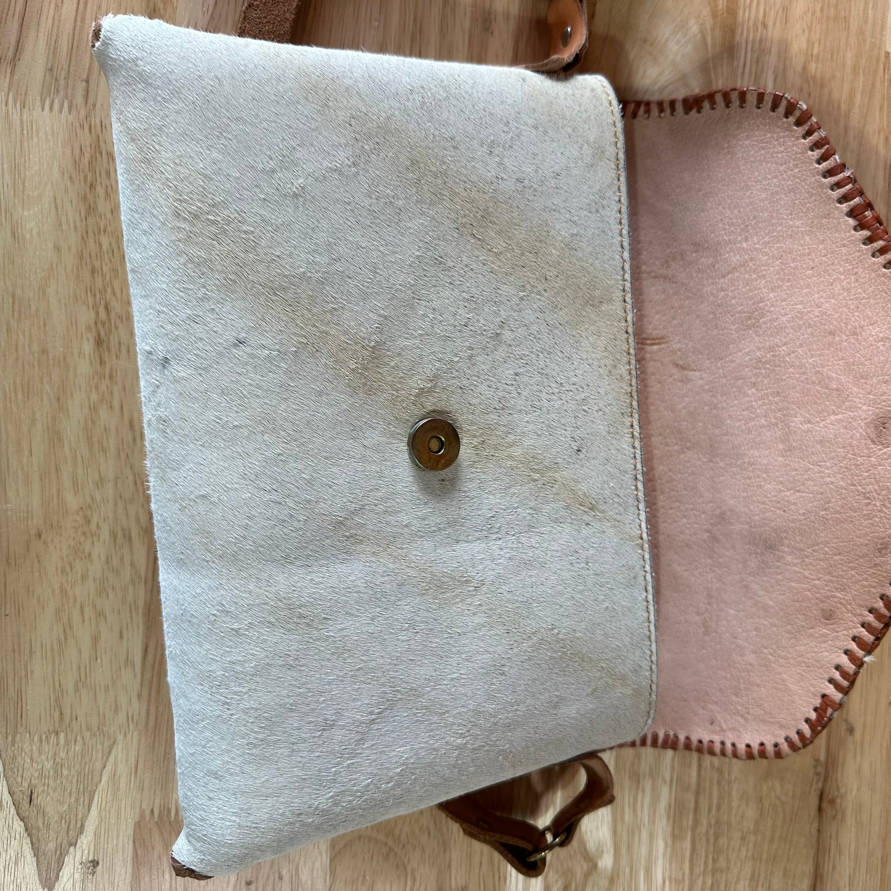 Vintage Western Cowhide Crossbody Bag Leather Handbag White 10"x8.5"