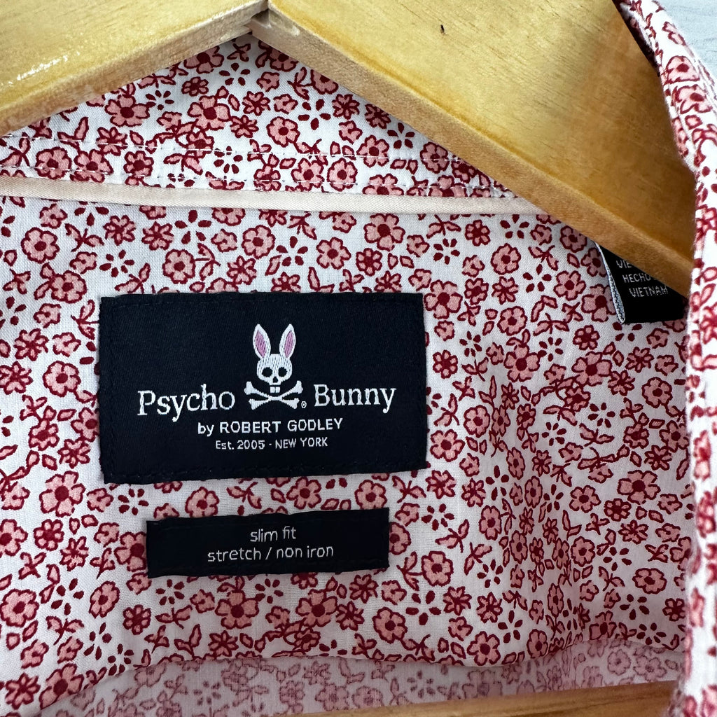 Psycho Bunny Shirt Mens 16.5 34/35 Red White Floral Stretch Slim Fit Button Up