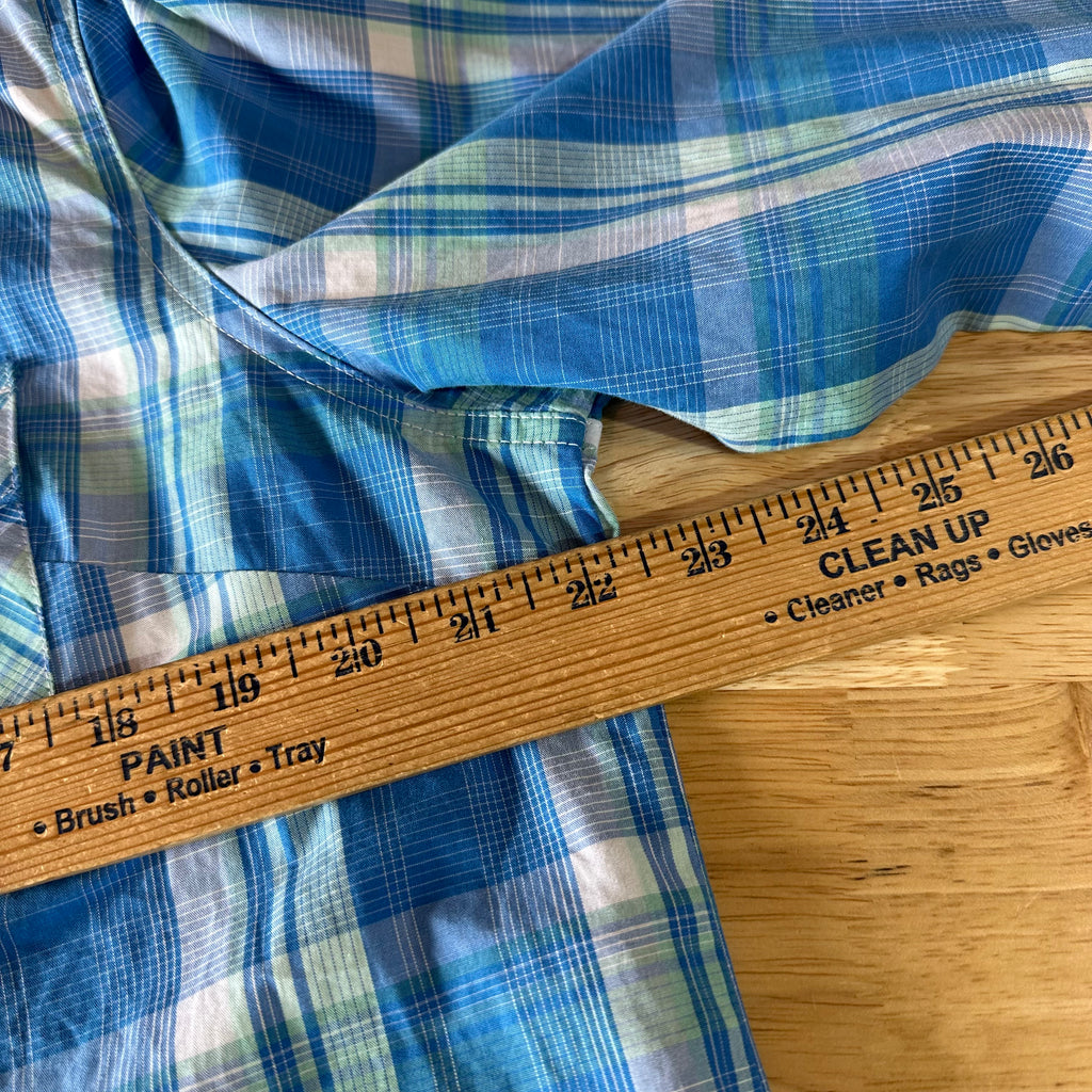 Magellan Womens XL Long Sleeve Button Shirt Blue Plaid Roll Tab Sleeves