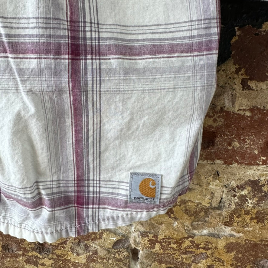 Carhartt Womens Medium Button Shirt 3/4 Sleeve Button Up Workwear White plaid