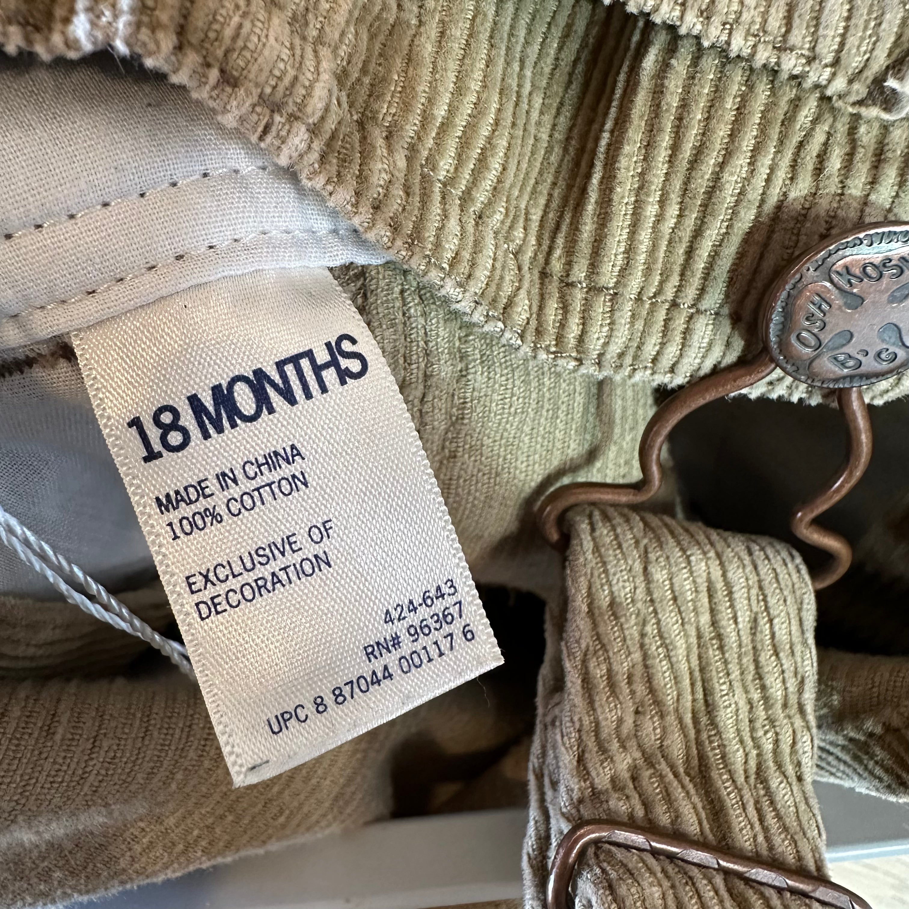 Oshkosh Corduroy Baby Toddler Overalls 18 months 18M Tan