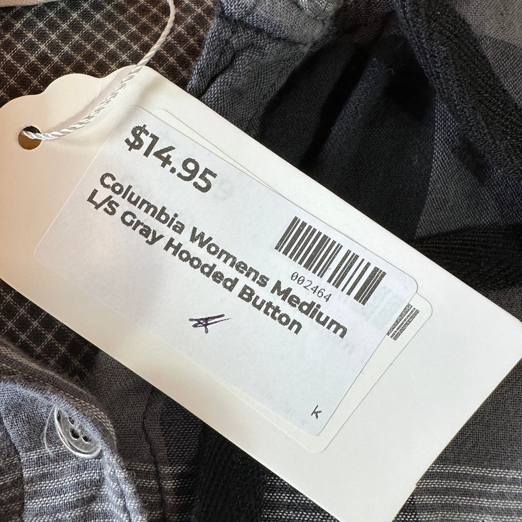 Columbia Shirt Womens Medium Long Sleeve Button Up Gray Black Hooded