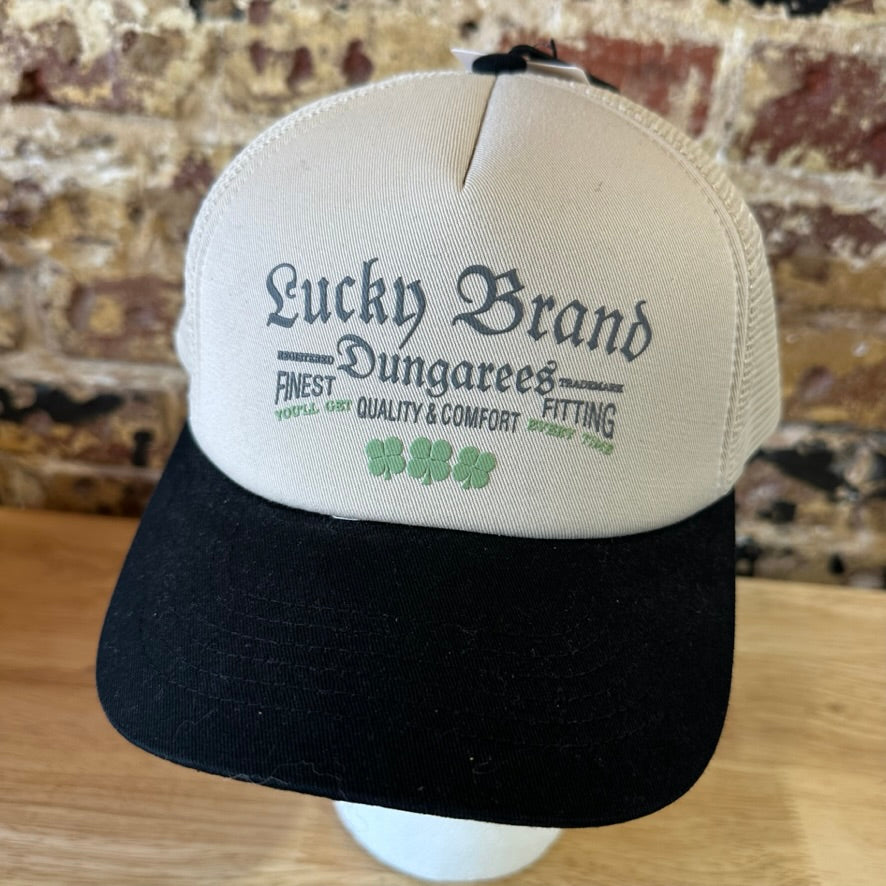 Lucky Brand Dungarees Trucker Hat Cream Black Snapback Mesh Cap NWT