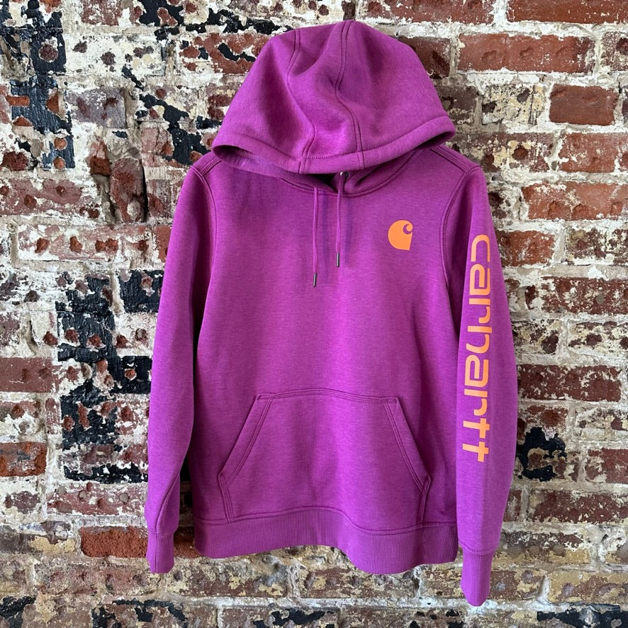 Carhartt Hoodie Womens Medium Pink Sweatshirt Casual Sleeve Spellout midweight