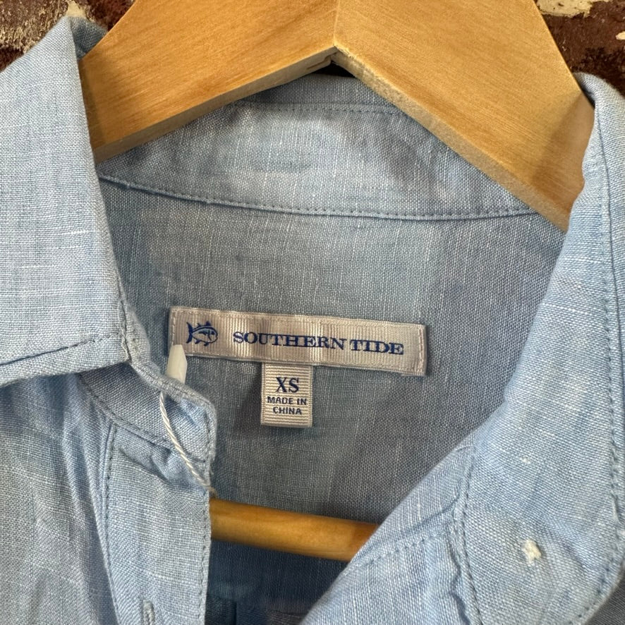 Southern Tide Womens XS 1/4 Button Linen Shirt Blue long sleeve