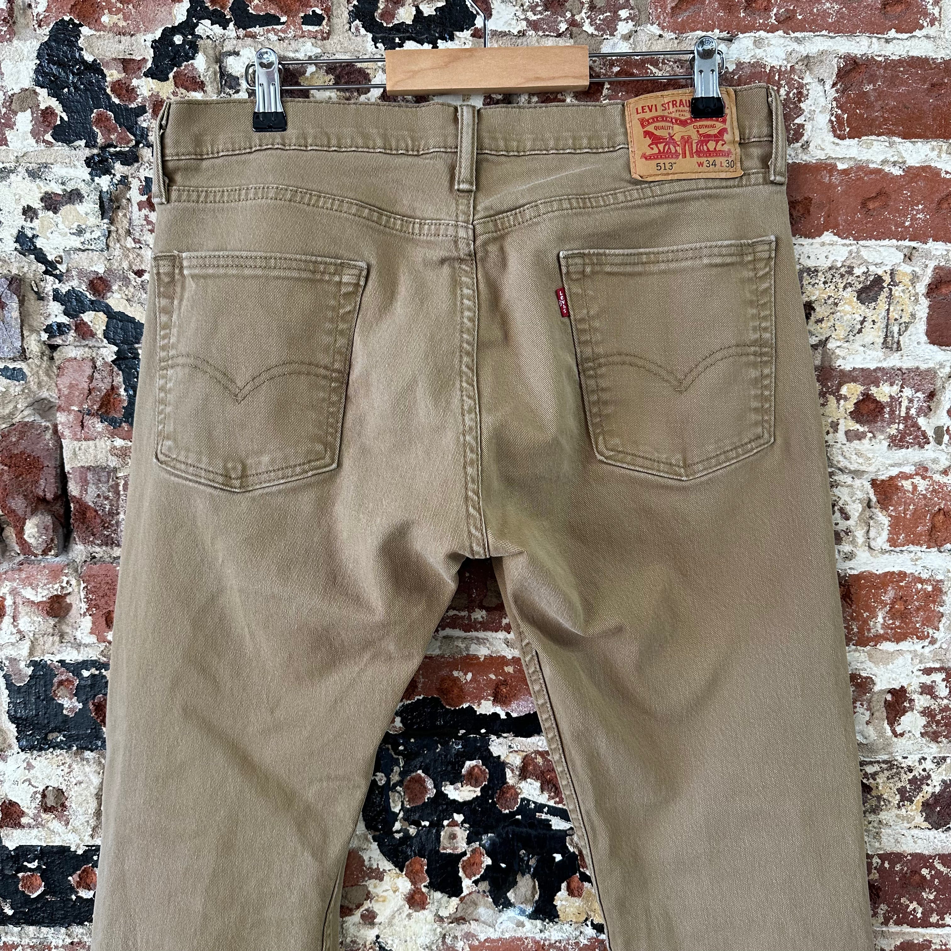 Levis 513 Jeans Mens 34x30 Brown Tan Slim Straight Leg Denim (measures 35x28.5)