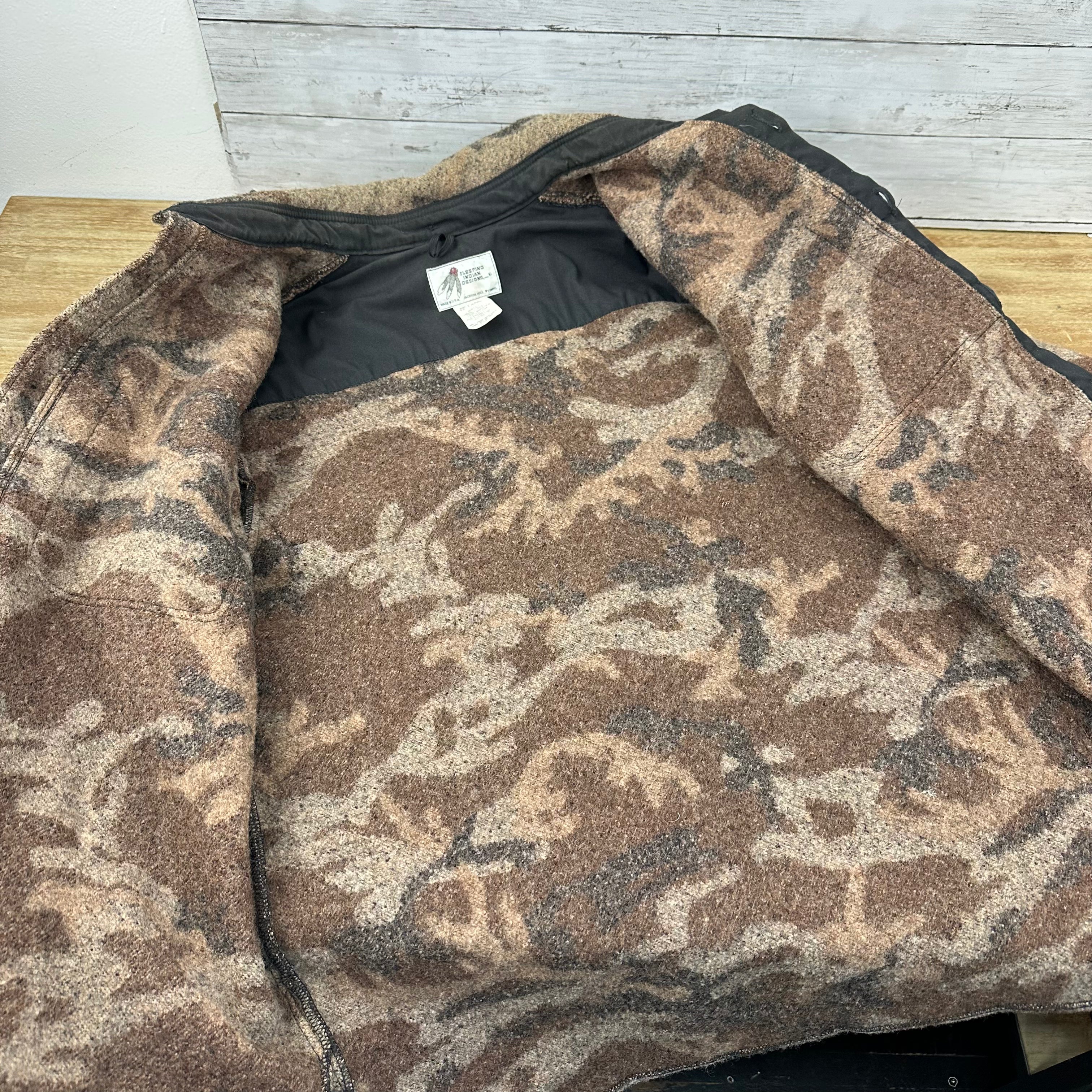 Vintage Sleeping Indian Designs Wool Camo Zip Up Jacket Made In USA Sz 2XL