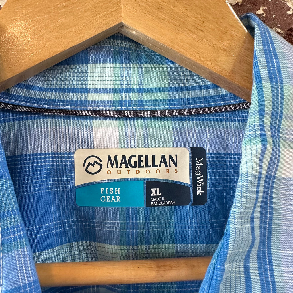 Magellan Womens XL Long Sleeve Button Shirt Blue Plaid Roll Tab Sleeves