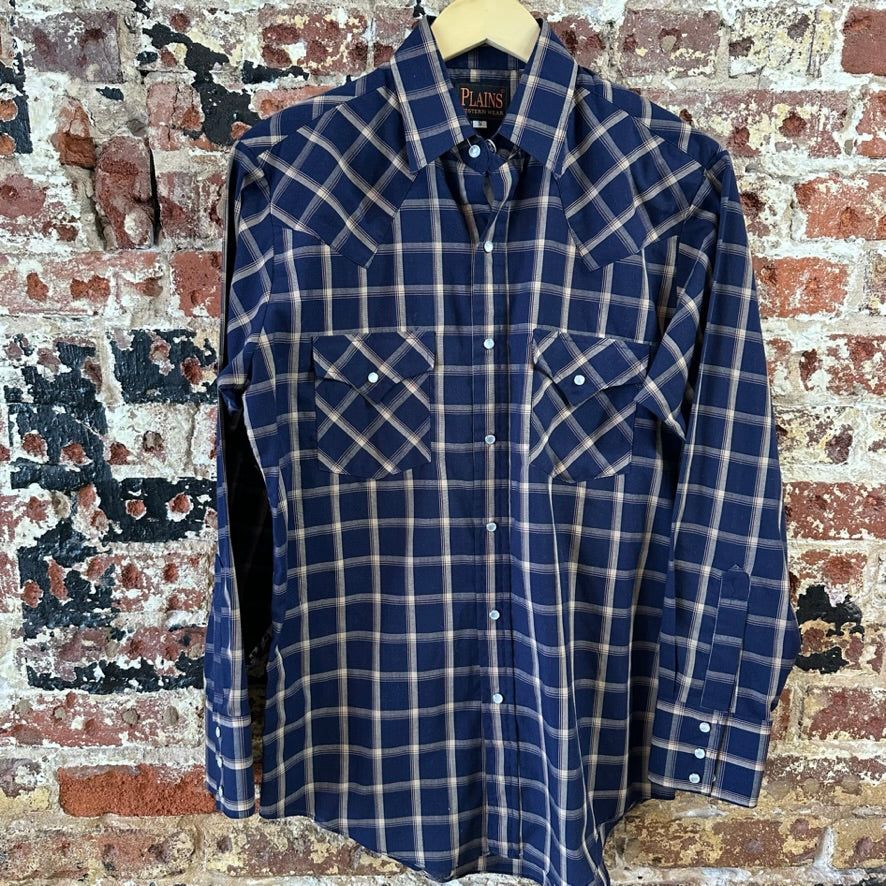 Plains Button Up Shirt Mens Small Western Long Sleeve Blue