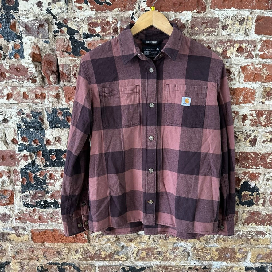 Carhartt Womens Medium Button Up Flannel Shirt Purple Plaid long sleeve Loose