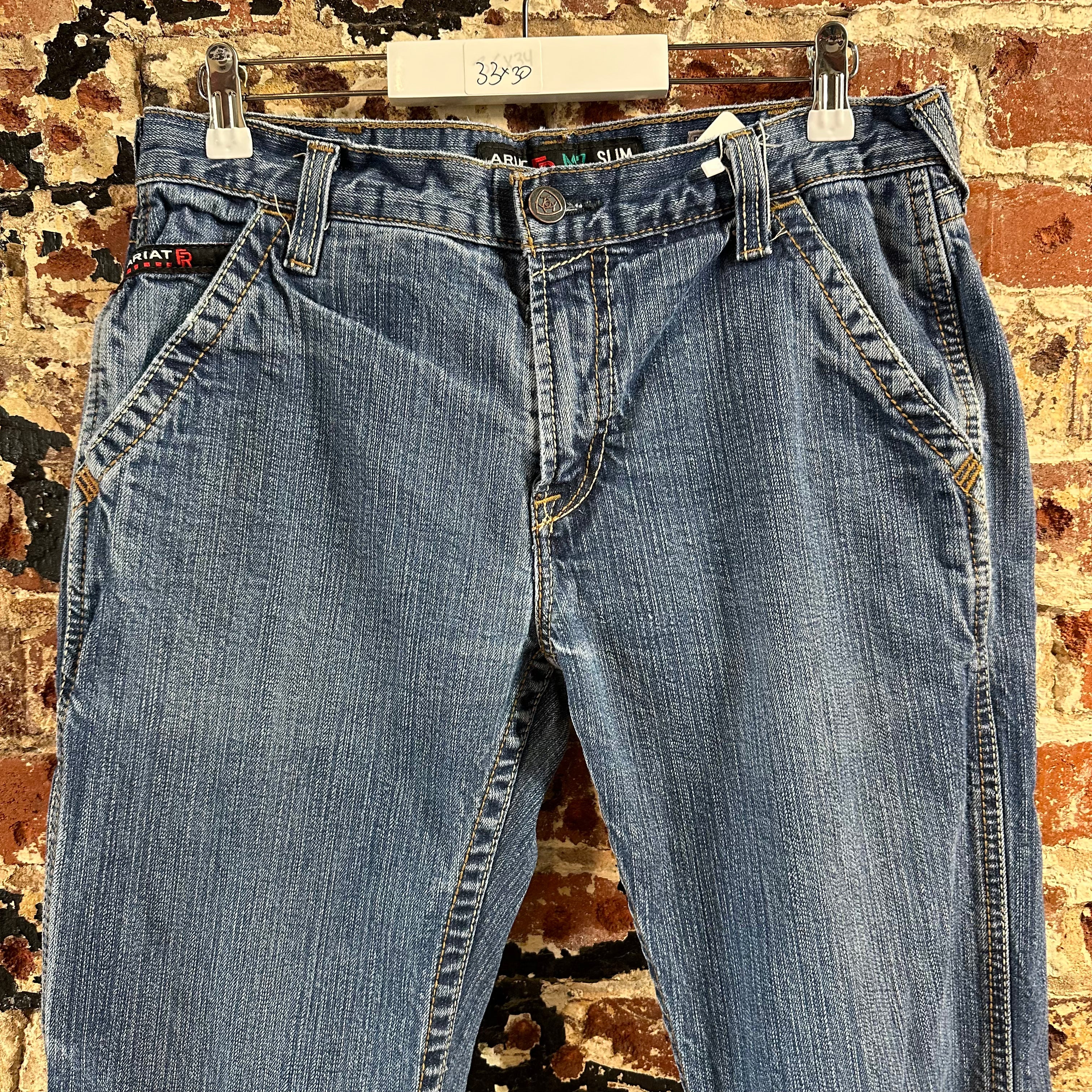 Ariat FR Jeans Men's 35x23.5 M7 Slim Straight Blue denim *HEMMED