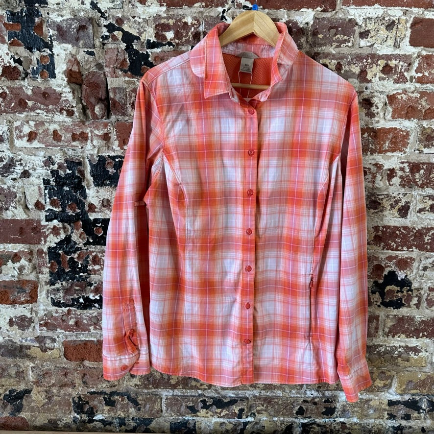 Duluth Trading Womens 2XL Button Up Shirt Orange Plaid Long sleeve vented