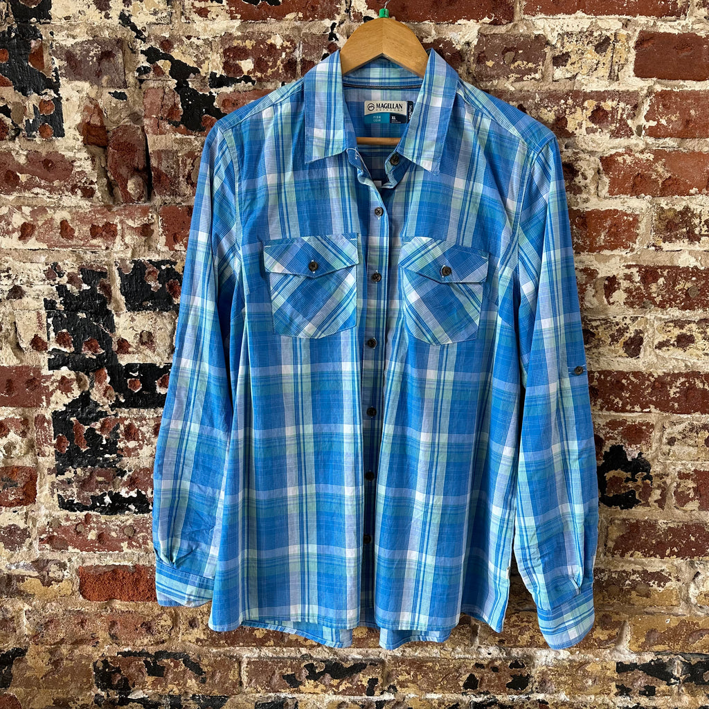 Magellan Womens XL Long Sleeve Button Shirt Blue Plaid Roll Tab Sleeves