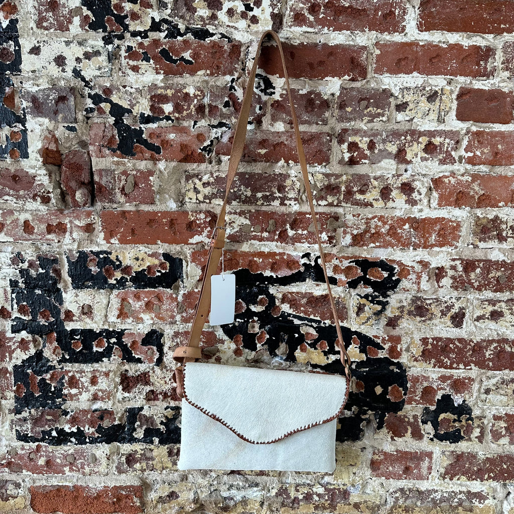 Vintage Western Cowhide Crossbody Bag Leather Handbag White 10"x8.5"