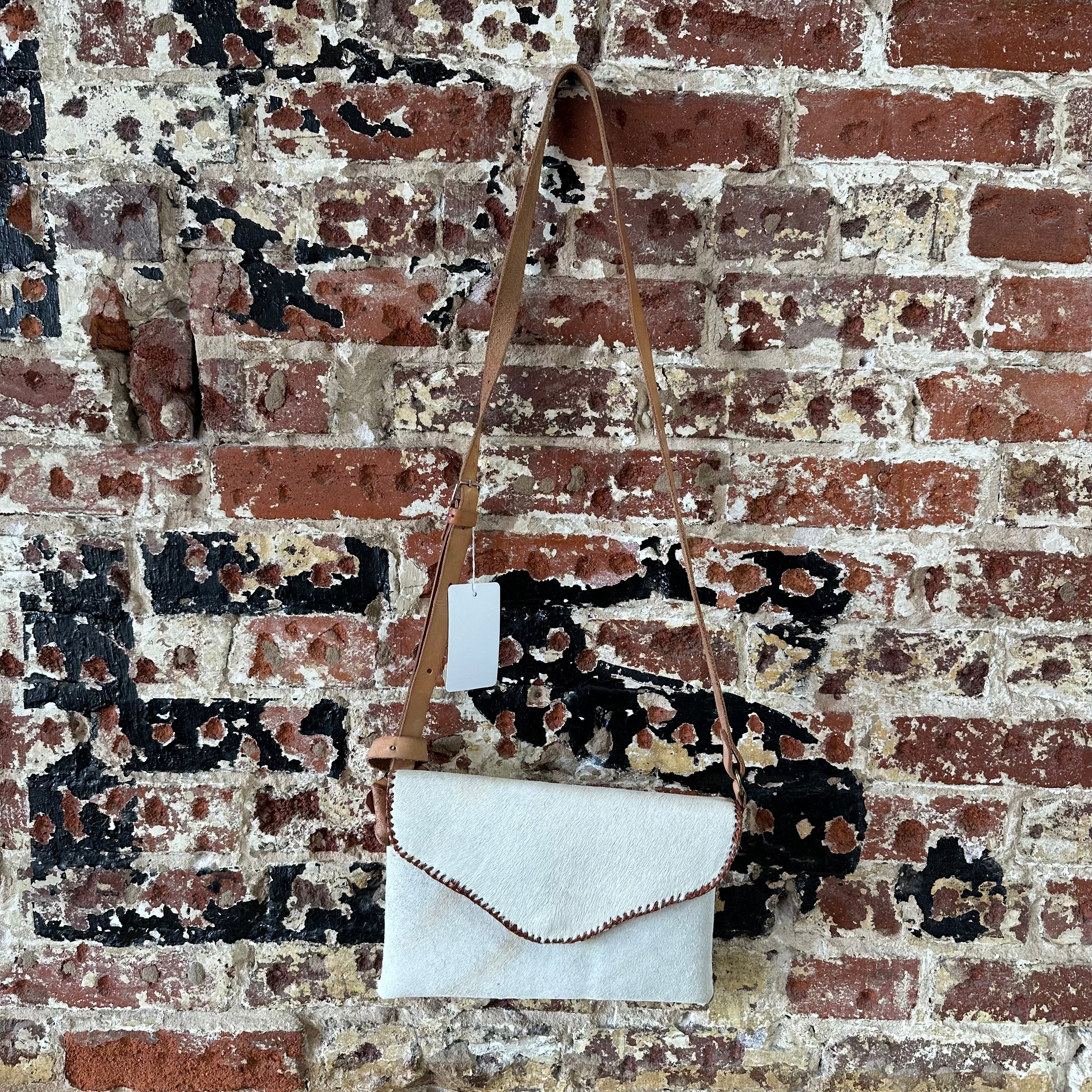 Vintage Western Cowhide Crossbody Bag Leather Handbag White 10"x8.5"