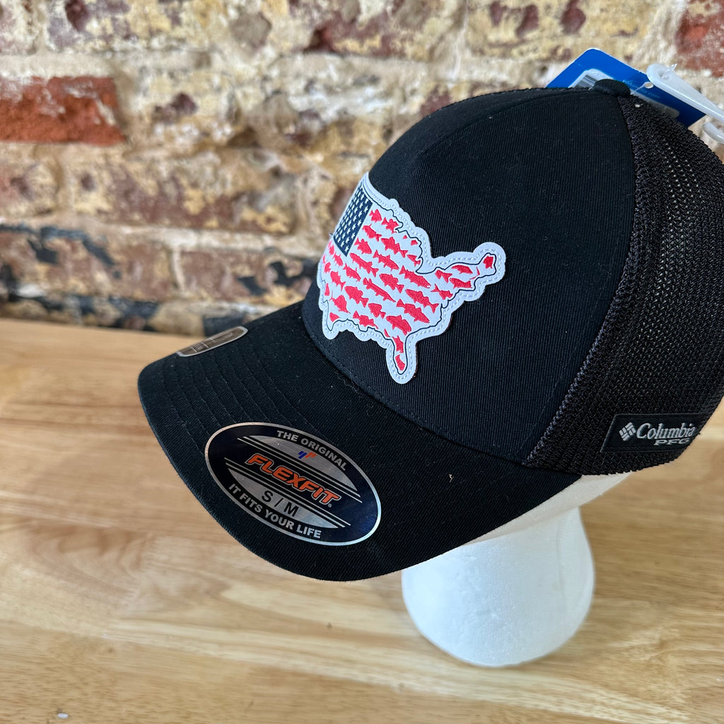 Columbia PHG Hat S/M Black USA Flag Fish Mesh back Logo NWT