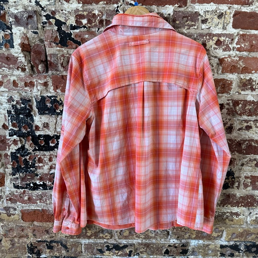 Duluth Trading Womens 2XL Button Up Shirt Orange Plaid Long sleeve vented