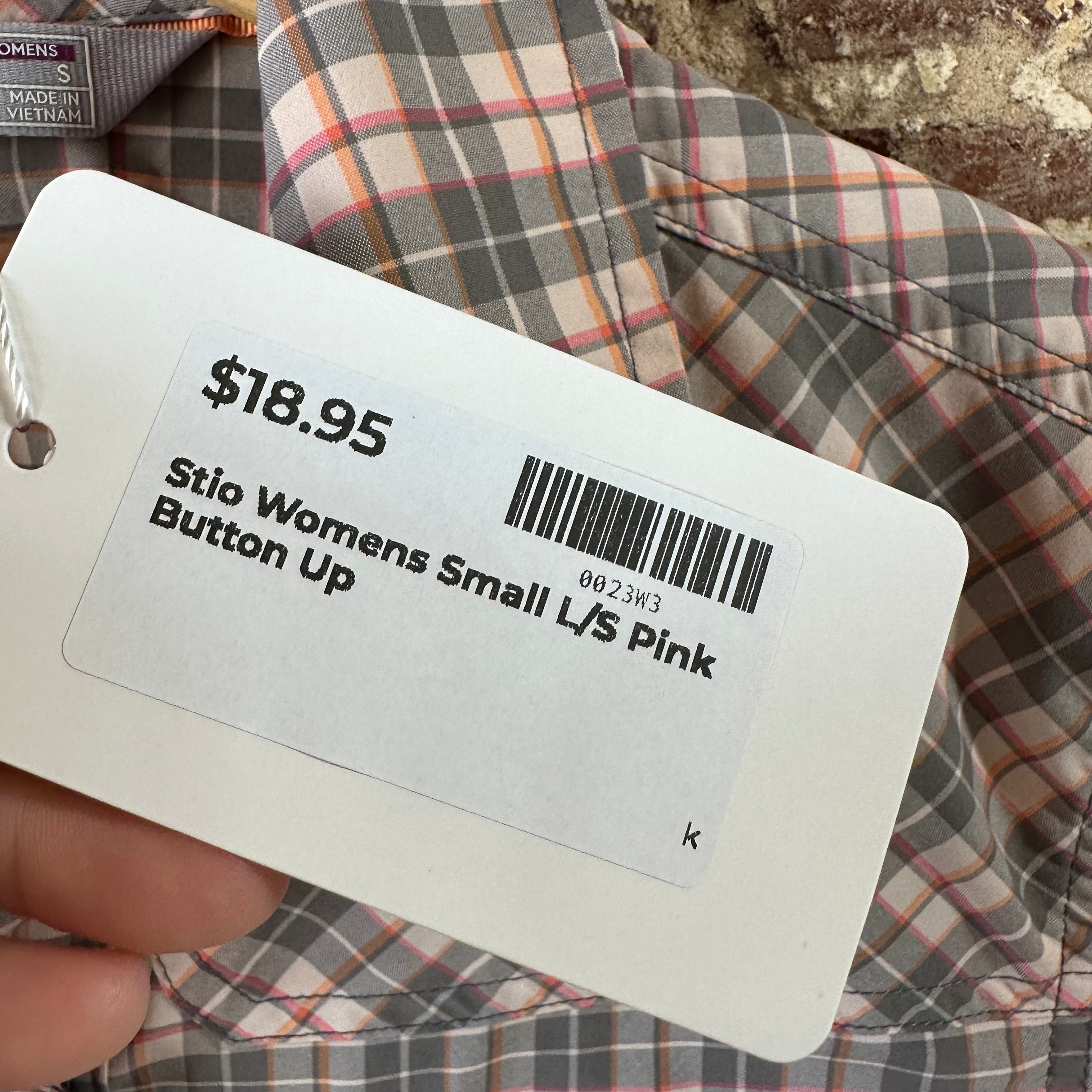 Stio Pearl Snap Button Up Shirt Women’s Size Small Pink Gray Plaid Long Sleeve