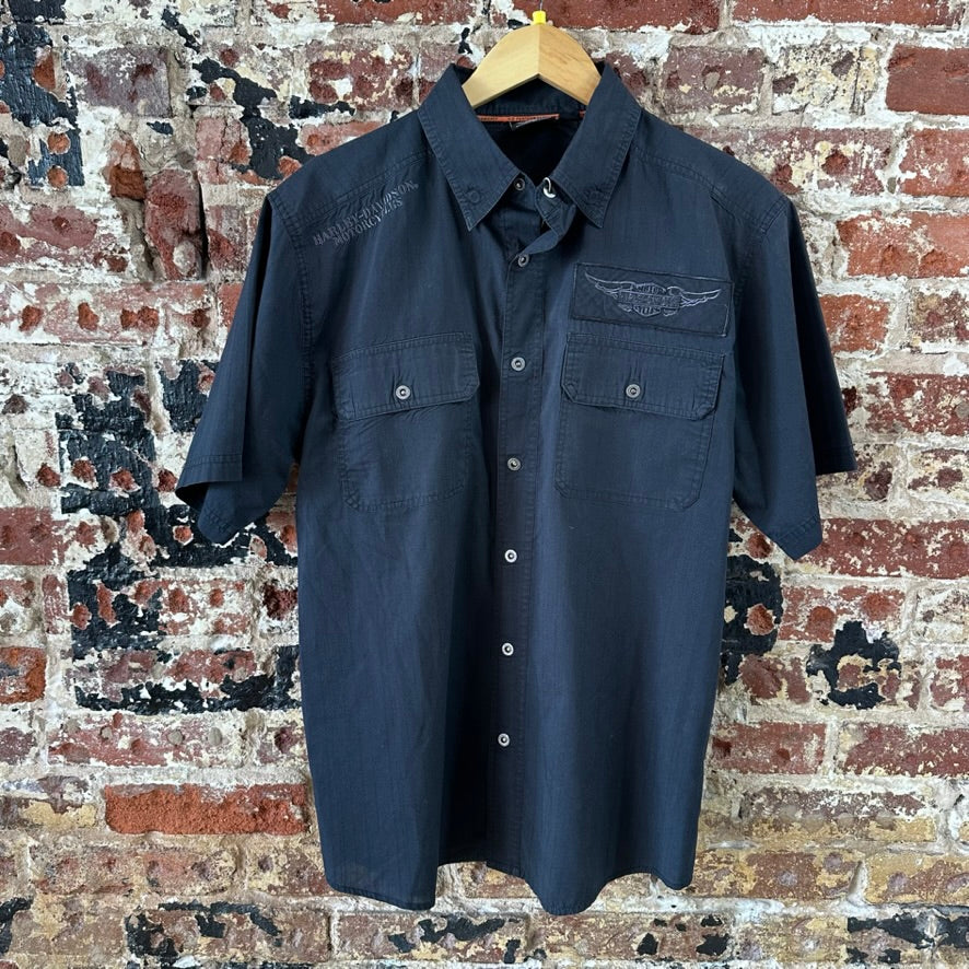 Harley Davidson Mens Embroidered Snap Button up Black Medium Shirt Skull Wings