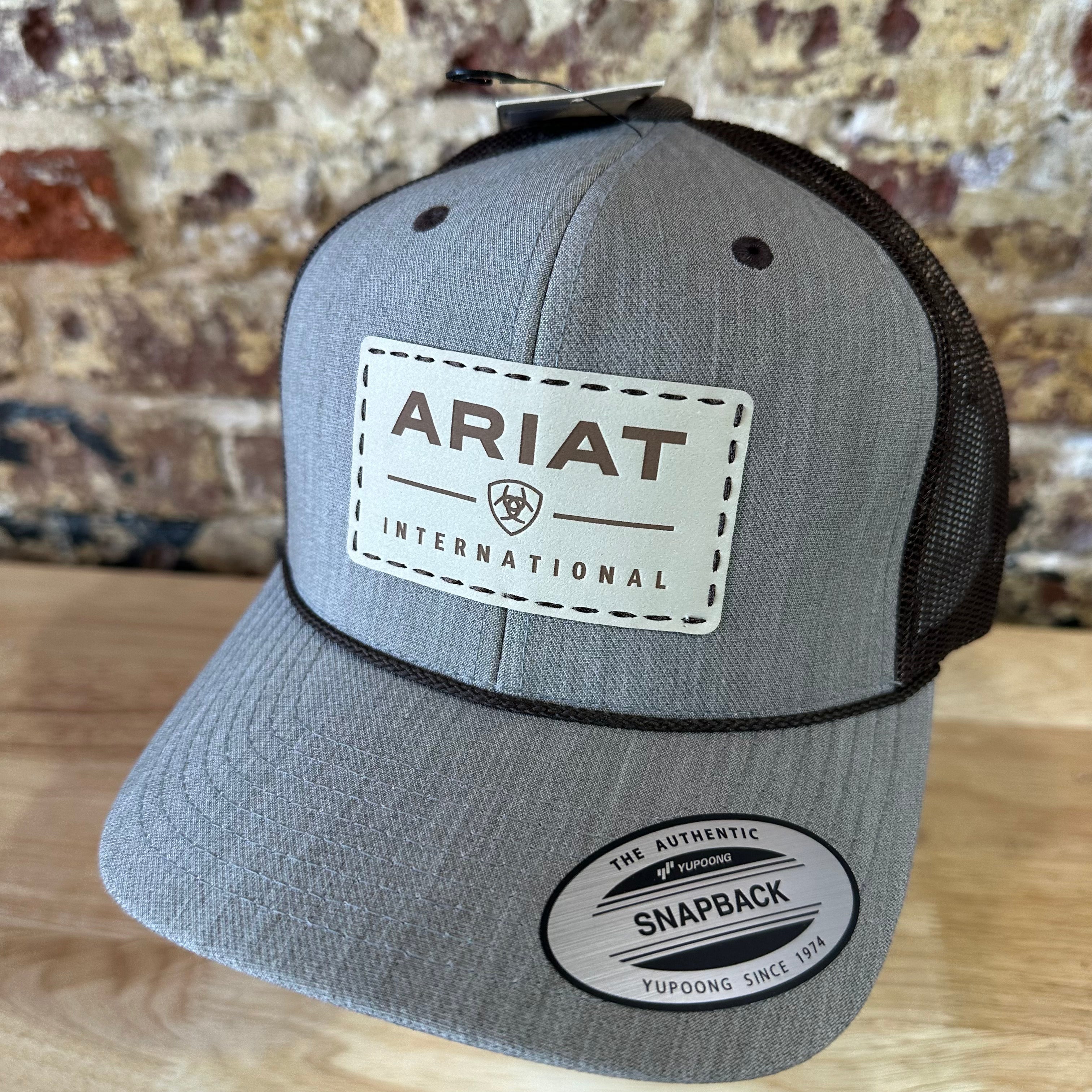 Ariat Mens Gray Brown Logo Patch Adjustable Snapback Cap Hat NEW