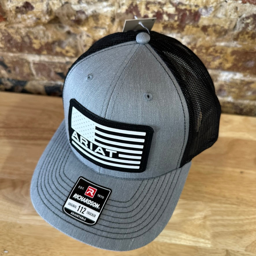 Ariat Mens Gray Black Flag Logo Patch Adjustable Snapback Cap Hat NEW