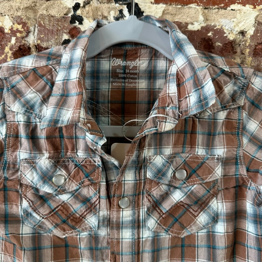 Wrangler Button Up Plaid Pearl Snap long Sleeve Shirt 24M western brown plaid