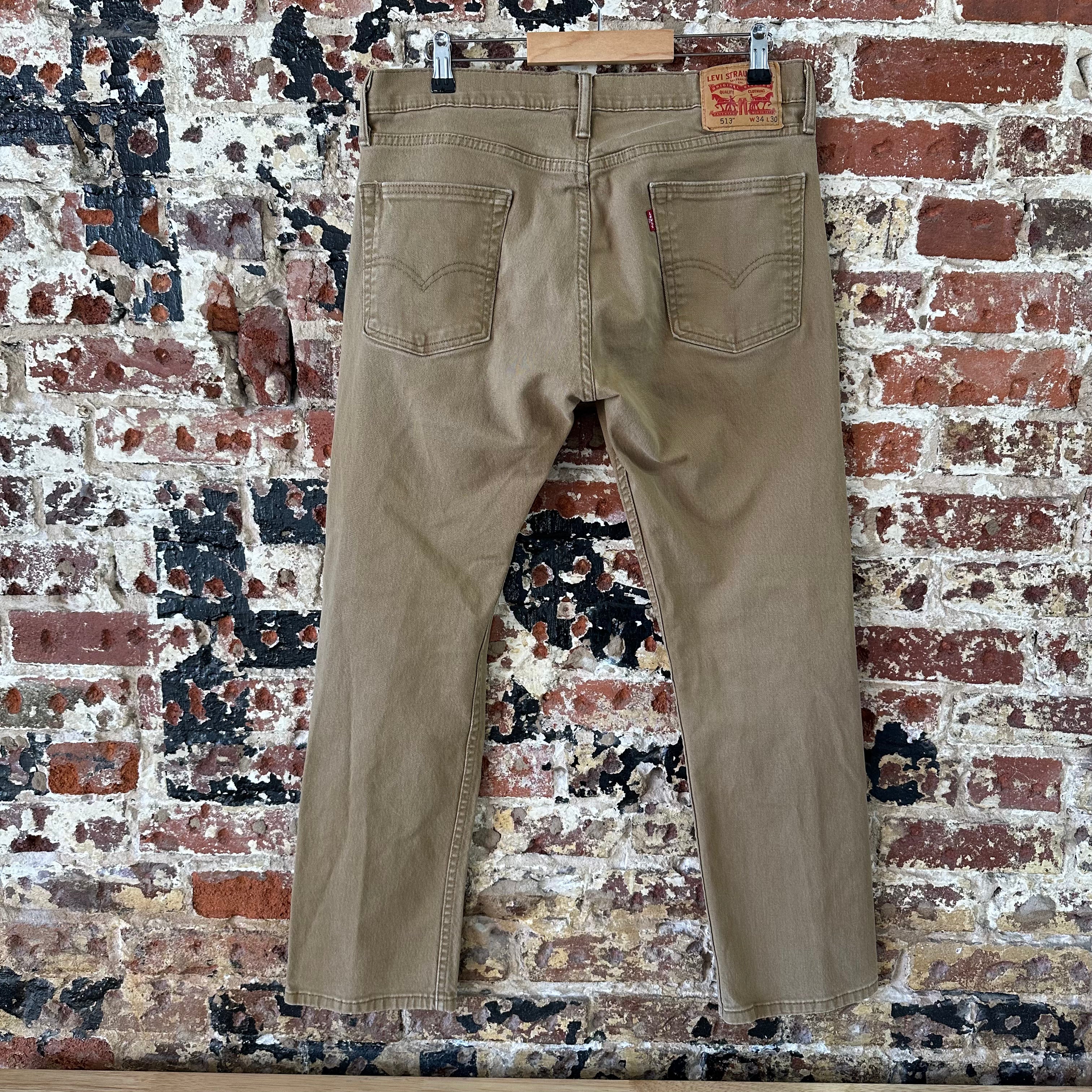 Levis 513 Jeans Mens 34x30 Brown Tan Slim Straight Leg Denim (measures 35x28.5)