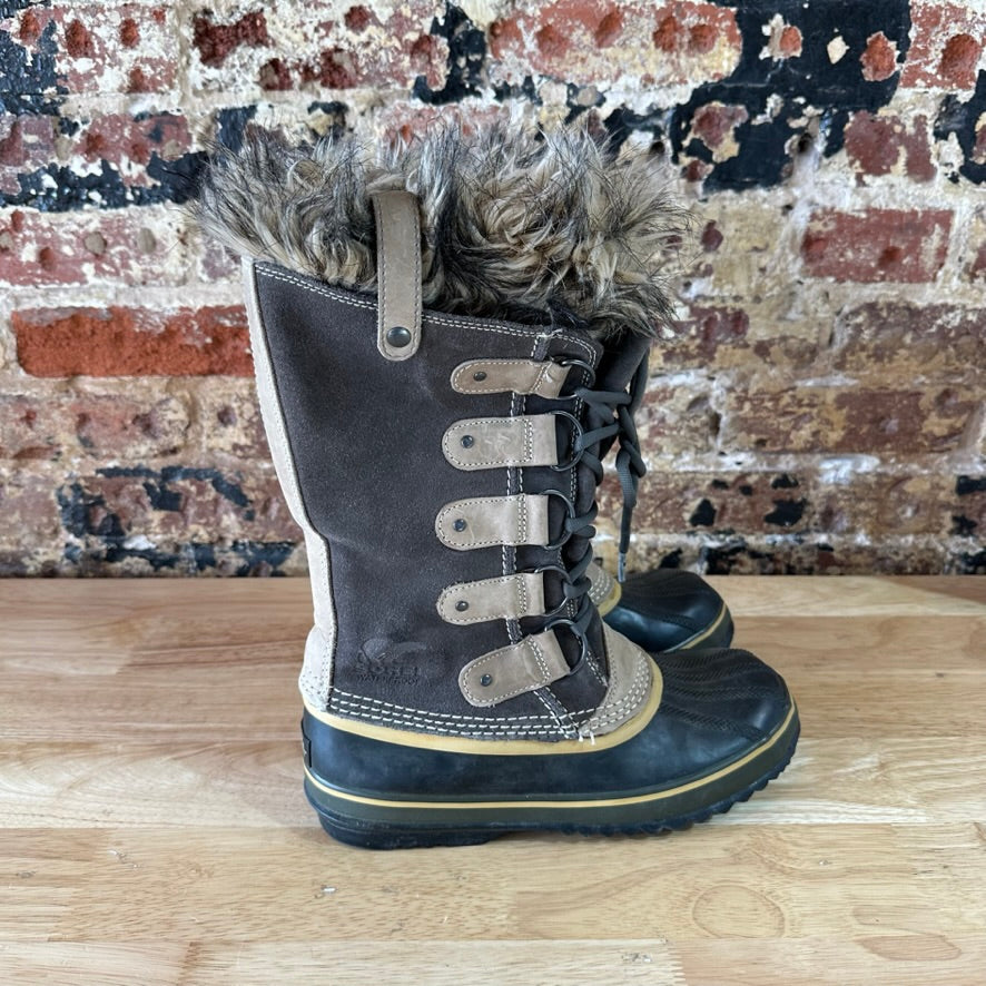 Sorel Joan Of Arctic Faux Fur Trimmed Leather Lace Up Boots Size 9 Gray