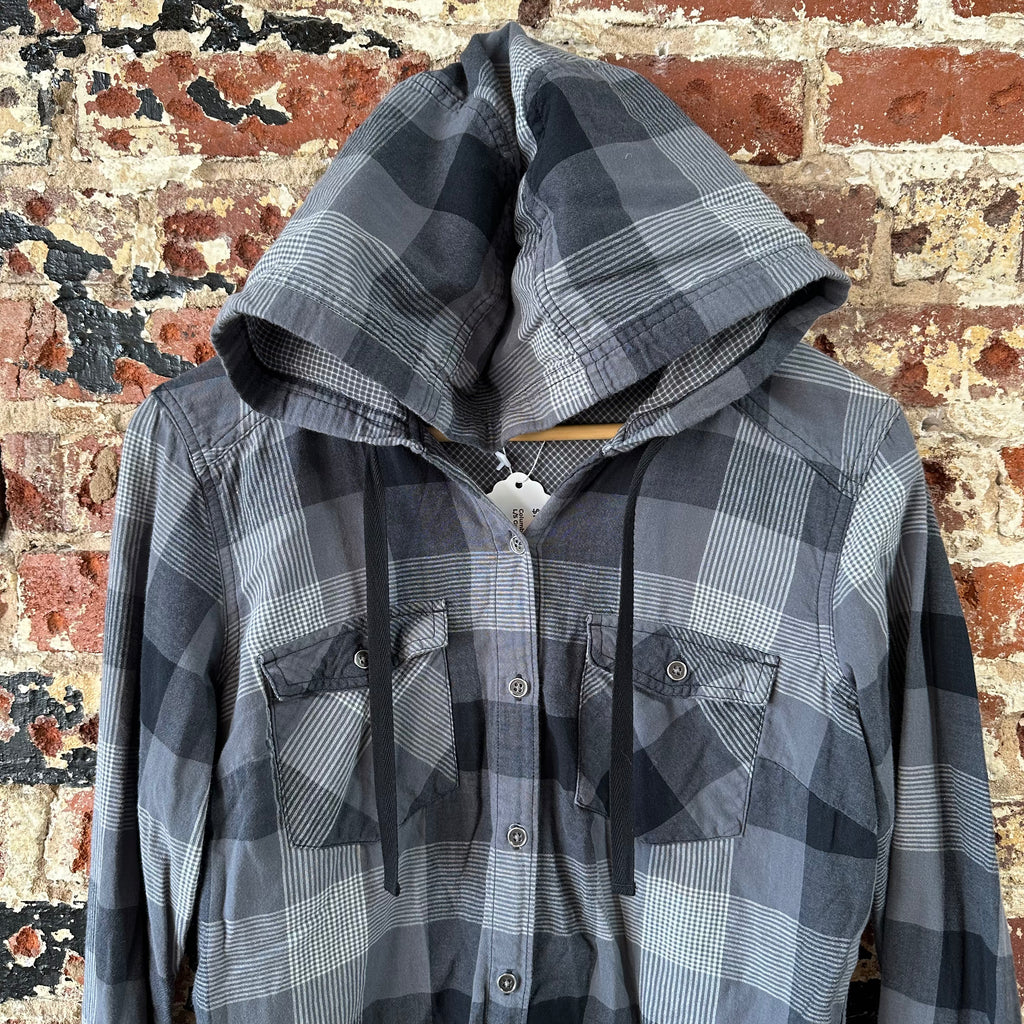 Columbia Shirt Womens Medium Long Sleeve Button Up Gray Black Hooded